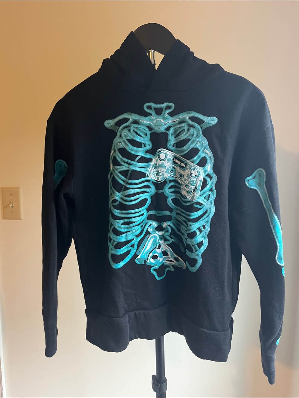 Old Navy Black Hoodie with Teal Skeleton Graphic - Kids Sweatshirt